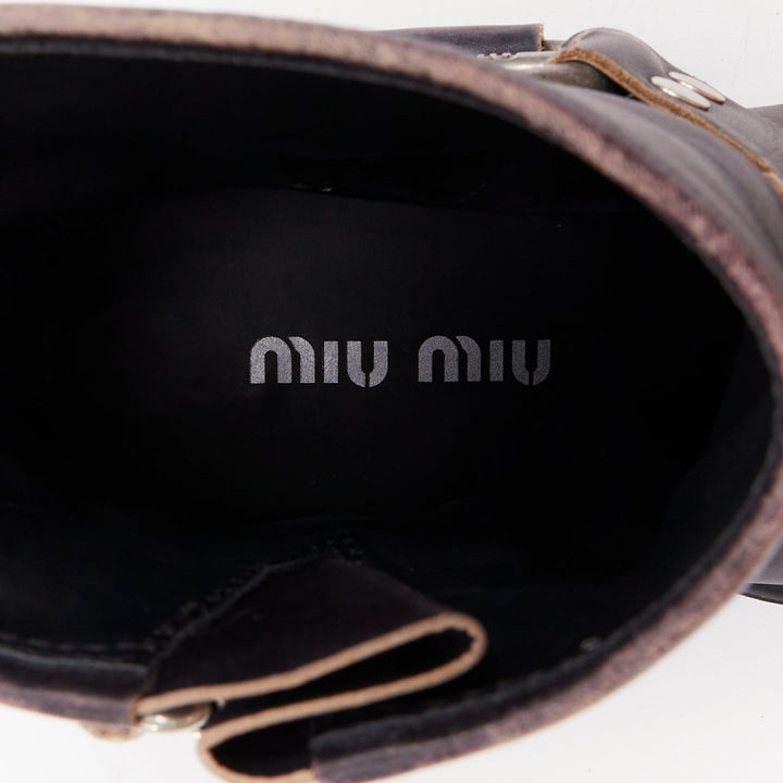 MIU MIU 2025 distressed washed black leather moto harness ankle boots EU36