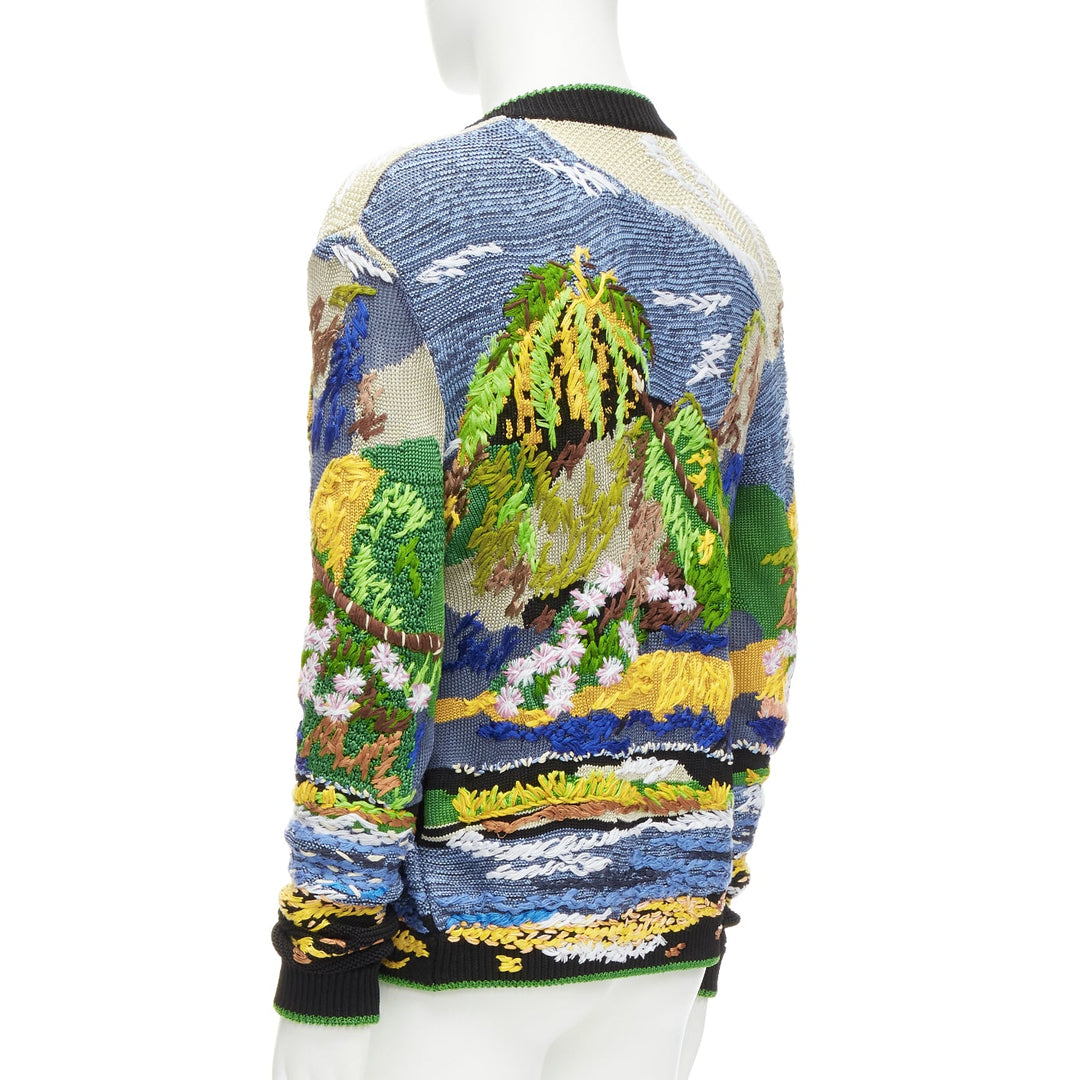 rare SAINT LAURENT 2021 Runway Teddy tropical landscape intarsia cardigan XS