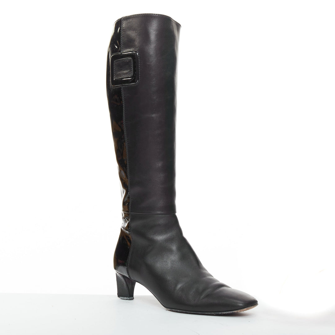 ROGER VIVIER Belle black patent leather split buckle pointy kitten boots EU38