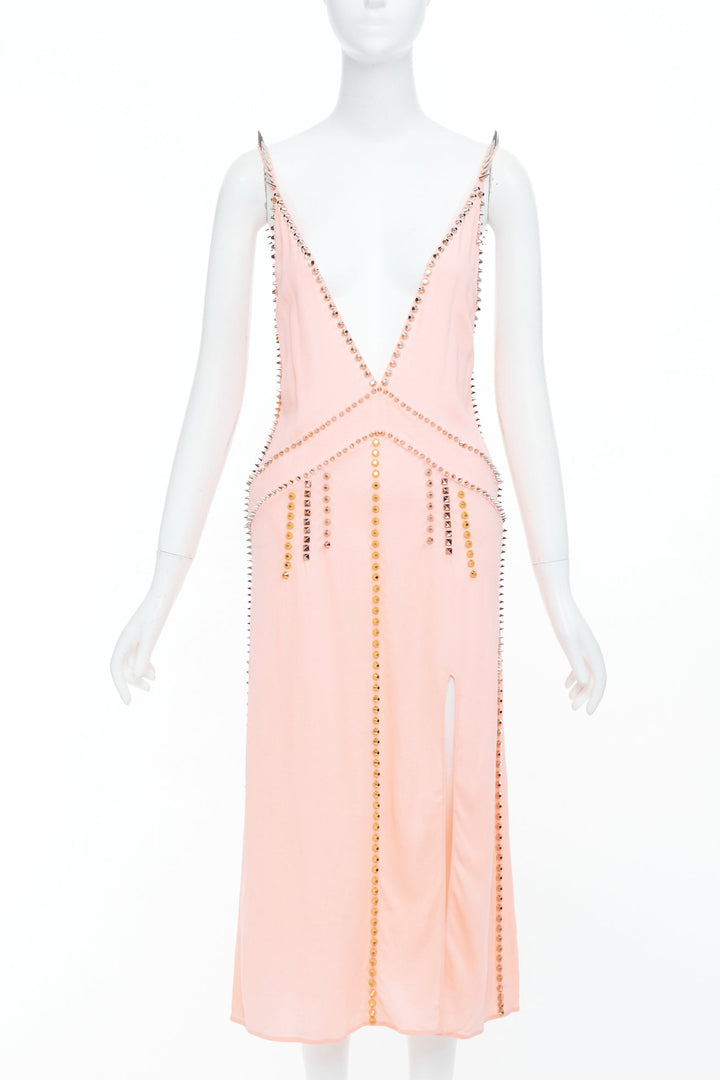 rare MIU MIU 2021 pink punk spike studded embellished plunge neck dress IT36 XXS