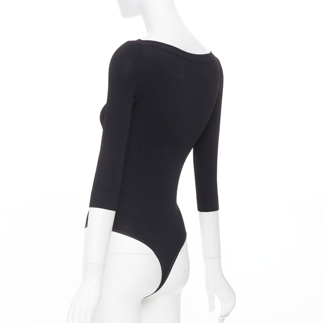 ALAIA black viscose blend three quarter sleeve boatneck knit bodysuit top FR36 S