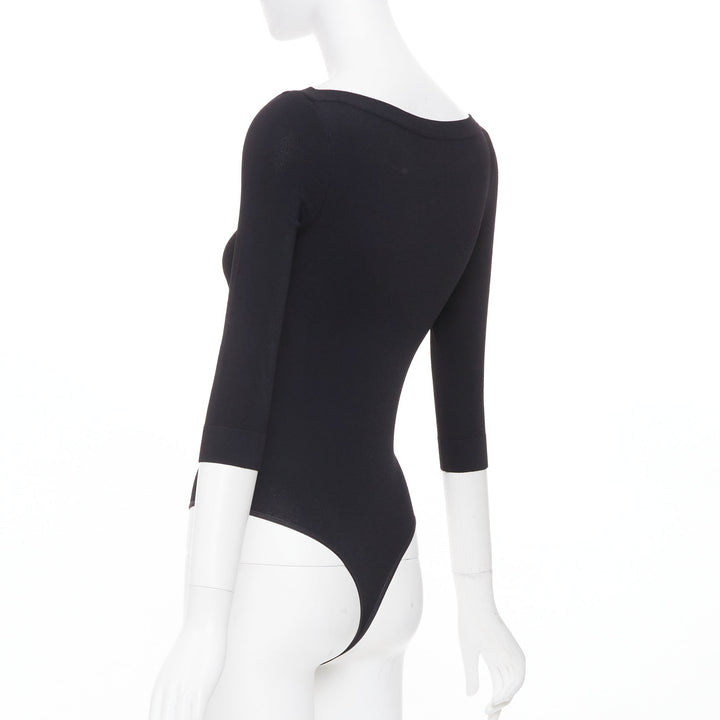 ALAIA black viscose blend three quarter sleeve boatneck knit bodysuit top FR36 S