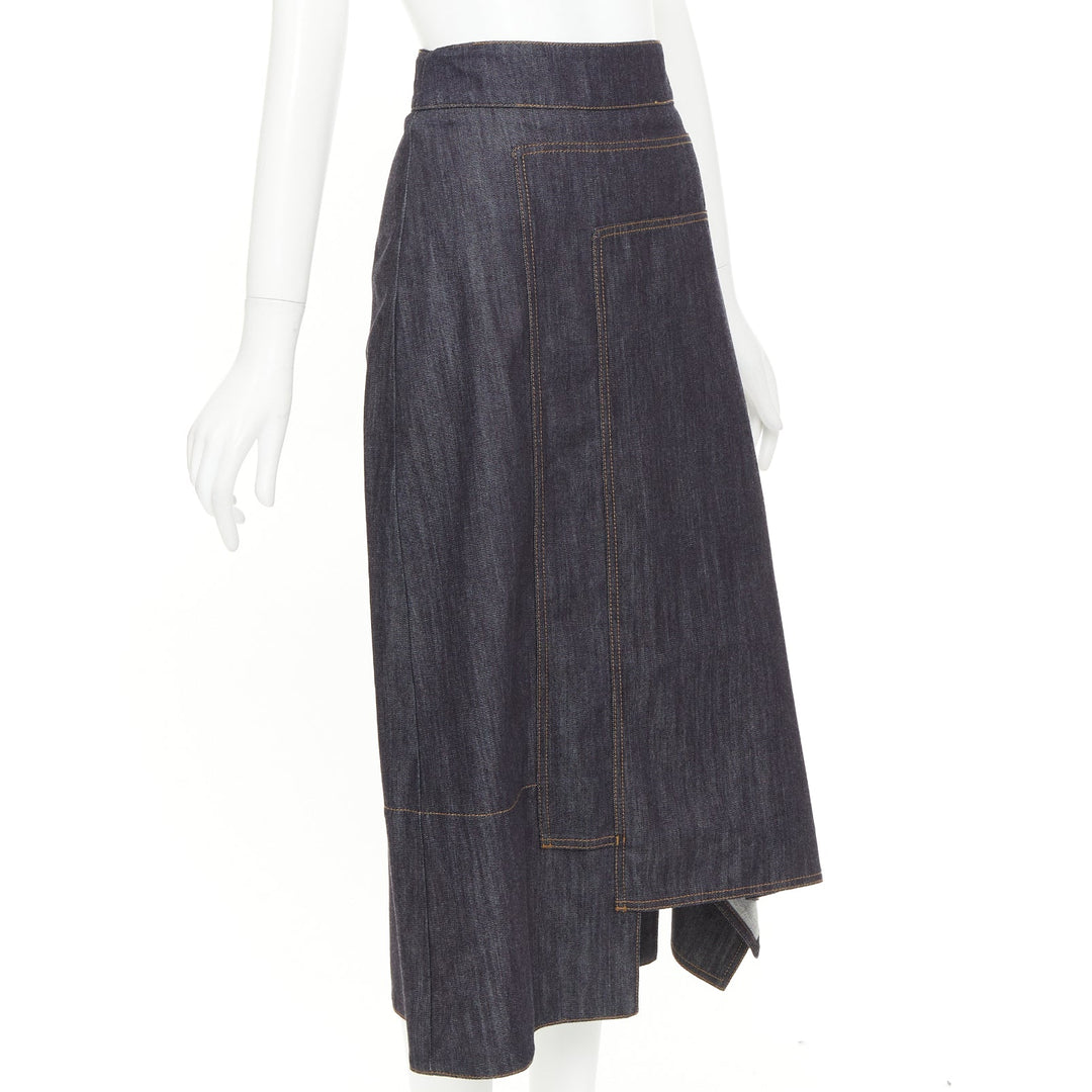 MARNI indigo blue cotton cashmere denim drape asymmetric hem midi skirt IT38 XS