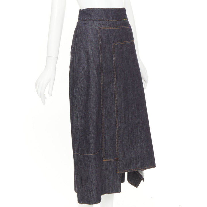 MARNI indigo blue cotton cashmere denim drape asymmetric hem midi skirt IT38 XS