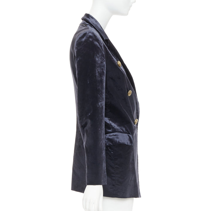 BRUNELLO CUCINELLI navy velvet brass logo buttons double breasted blazer IT40 S