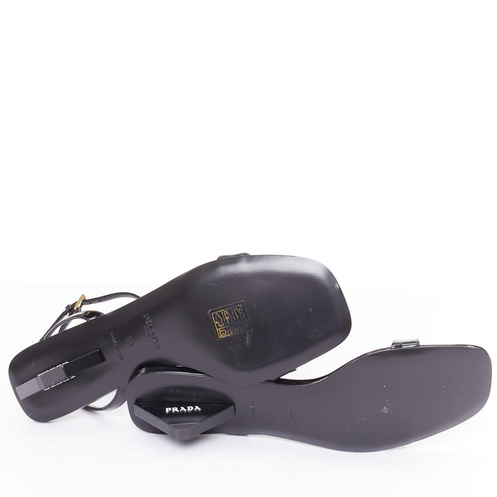 PRADA Vernice black patent leather white triangle logo kitten heel sandals EU39