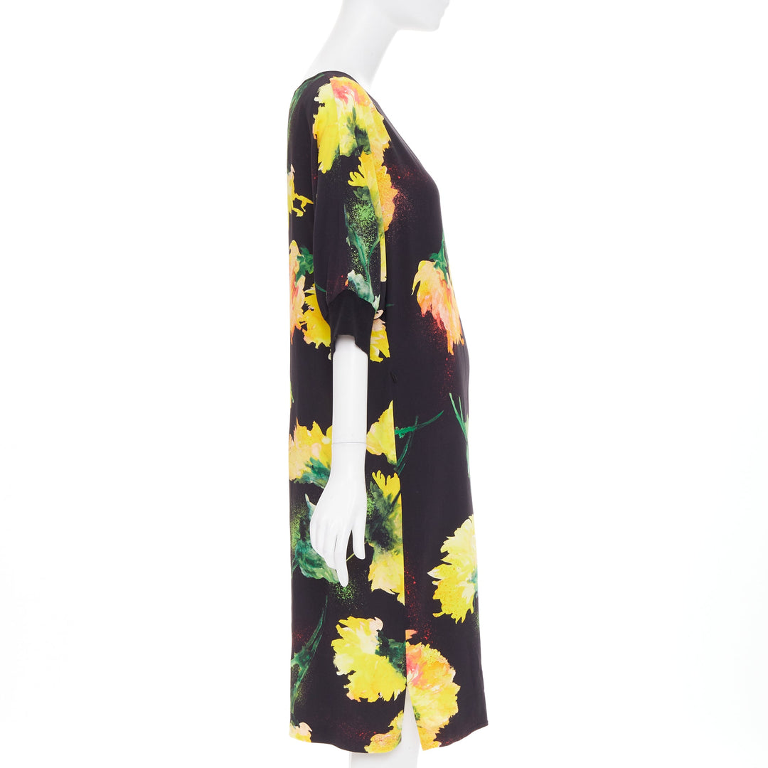ESCADA graphic floral yellow orange black viscose dolman sleeve dress FR42 XL