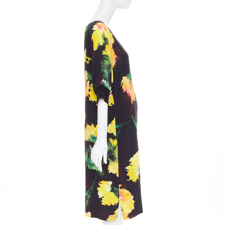 ESCADA graphic floral yellow orange black viscose dolman sleeve dress FR42 XL