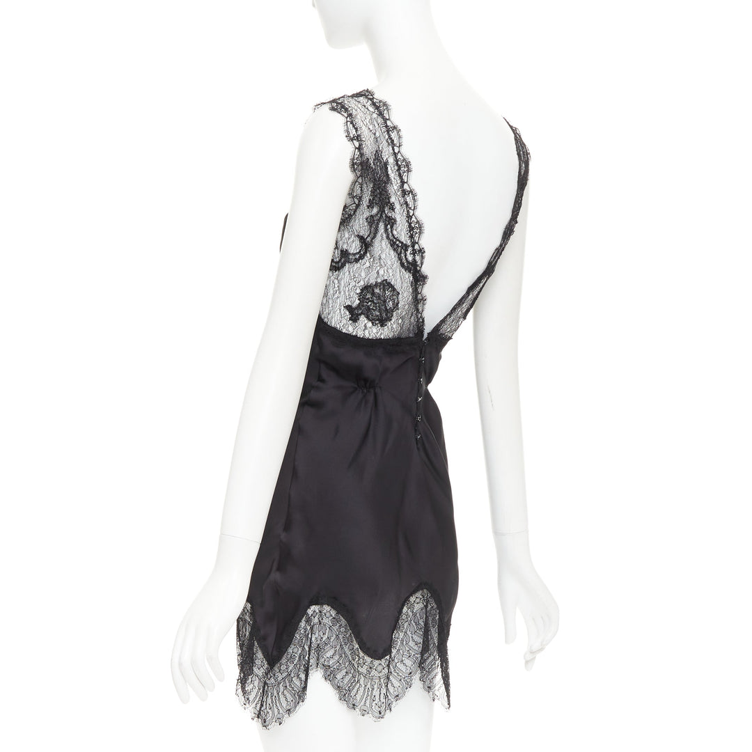 NINA RICCI Vintage black intricate lace trim 100% silk camisole dress FR36 XS