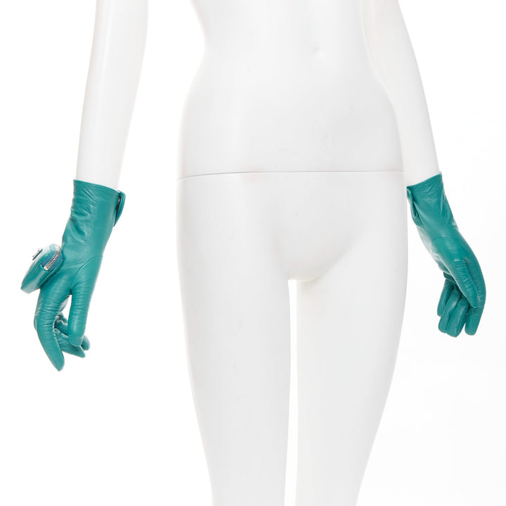 PRADA Raf Simons 2021 Runway teal lambskin leather triangle pouch gloves Sz7