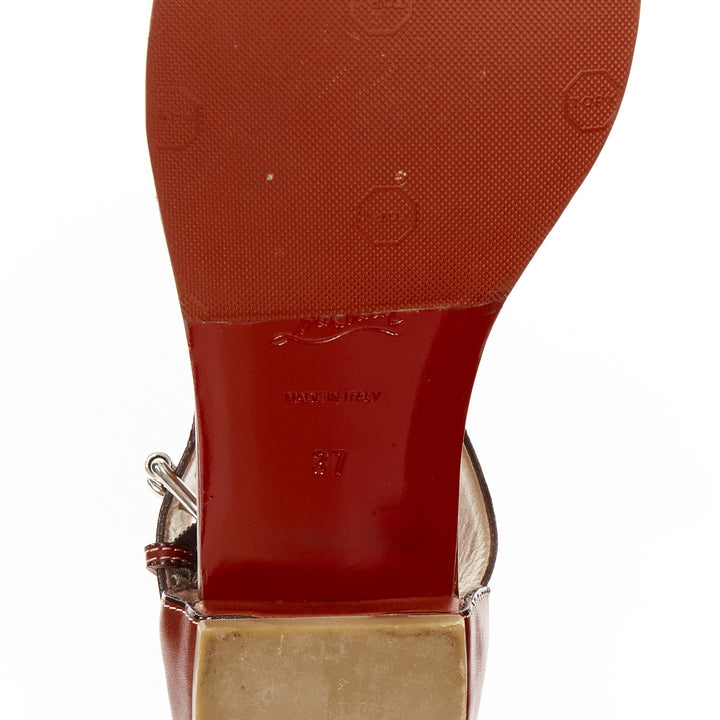 CHRISTIAN LOUBOUTIN brown leather tstrap silver buckles thong sandals EU37
