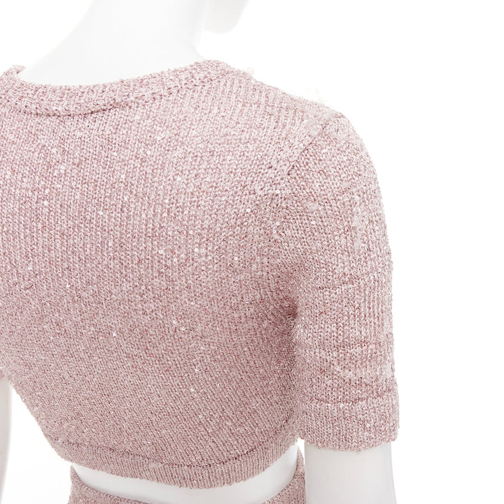 ALEXANDRE VAUTHIER Rose light pink sequin metallic lurex crop sweater mini skirt