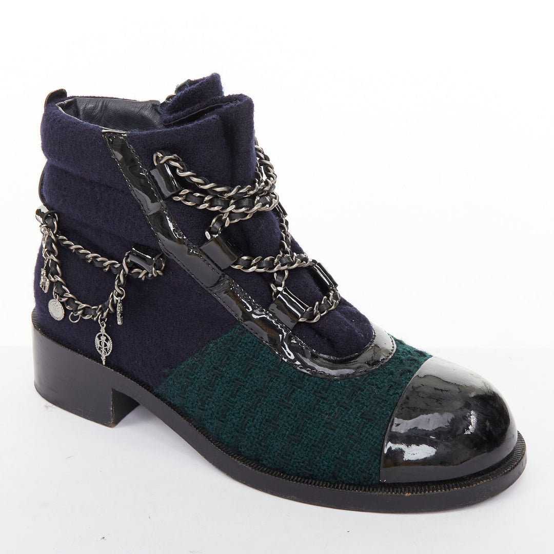 CHANEL 2015 Runway Paris Salzburg blue wool green tweed patent leather boot EU39