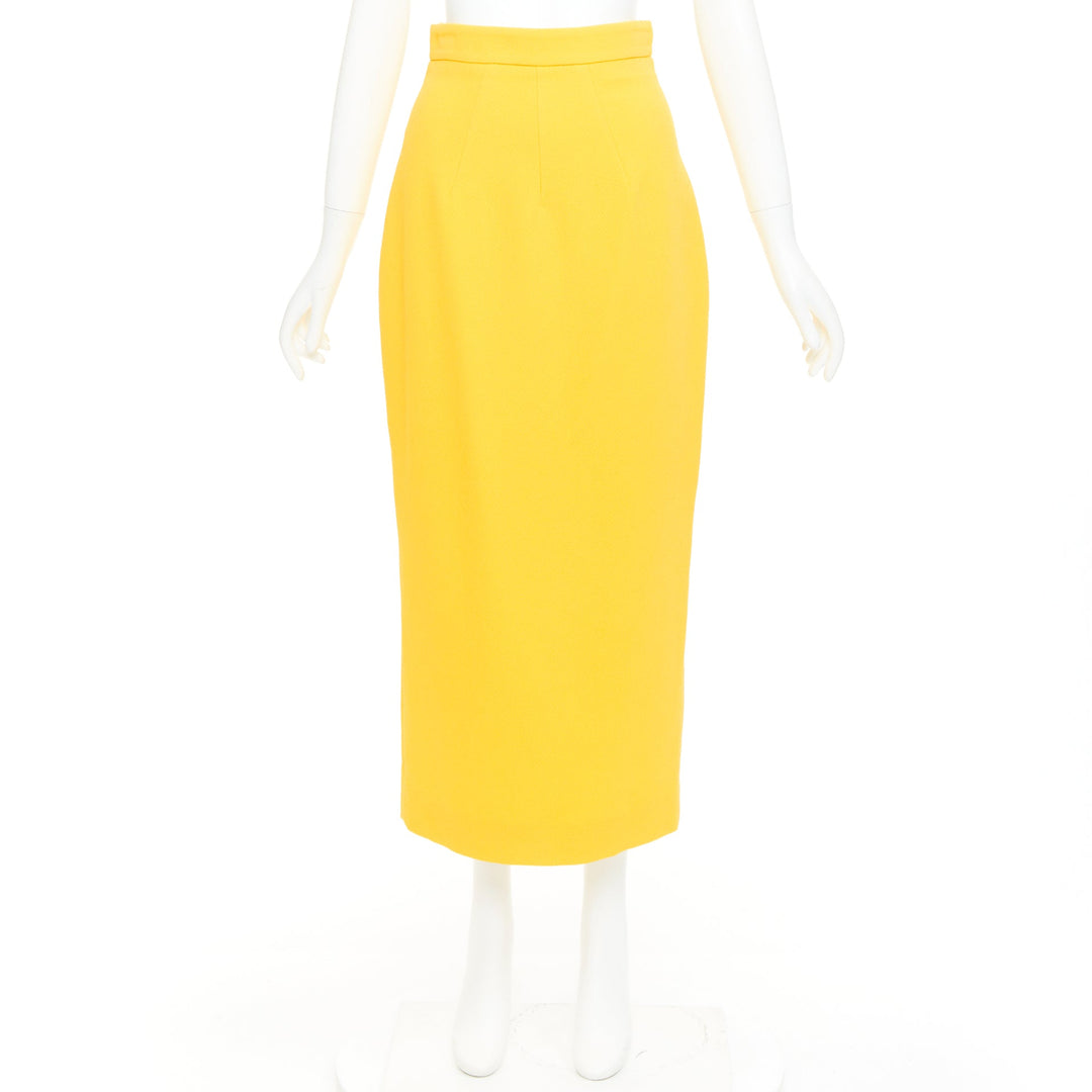 EMILIA WICKSTEAD yellow double crepe high waisted darted pencil skirt UK8 S