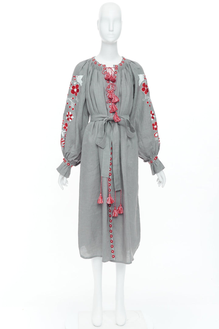 VITA KIN grey linen red folk floral embroidered boho peasant kaftan dress S/D