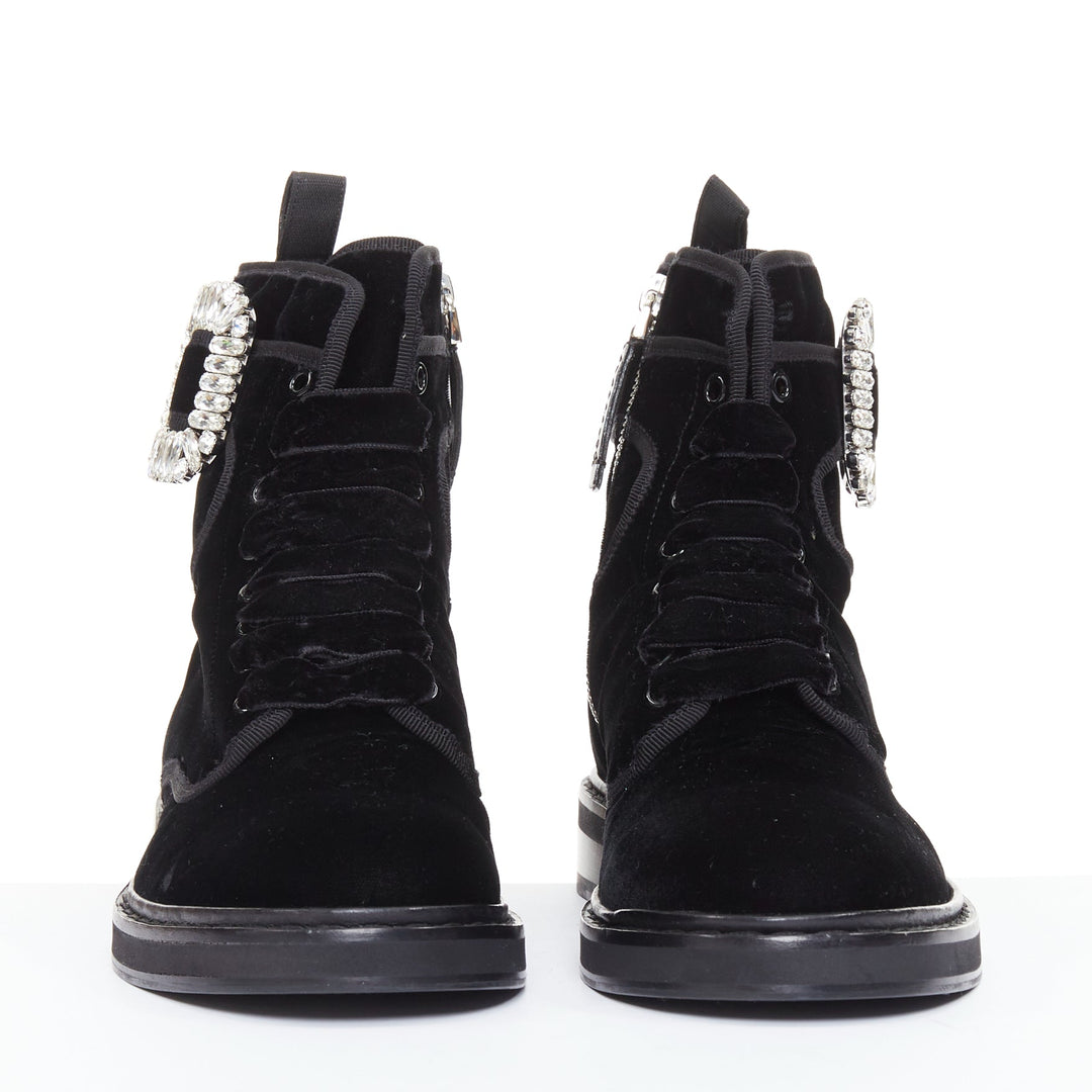 ROGER VIVIER 2020 Viv Rangers black velvet crystal buckle combat boots EU37.5