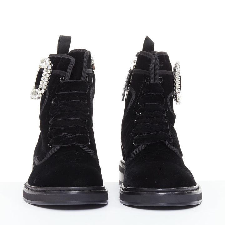 ROGER VIVIER 2020 Viv Rangers black velvet crystal buckle combat boots EU37.5