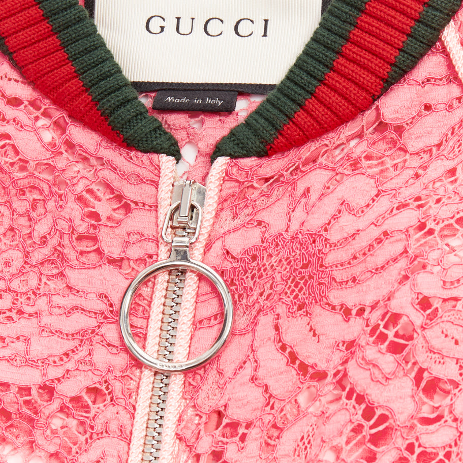 GUCCI 2015 Michele pink floral lace vintage web bomber jacket IT40 S