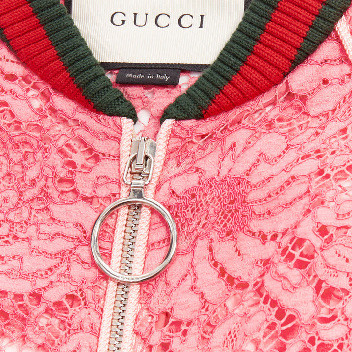 GUCCI 2015 Michele pink floral lace vintage web bomber jacket IT40 S
