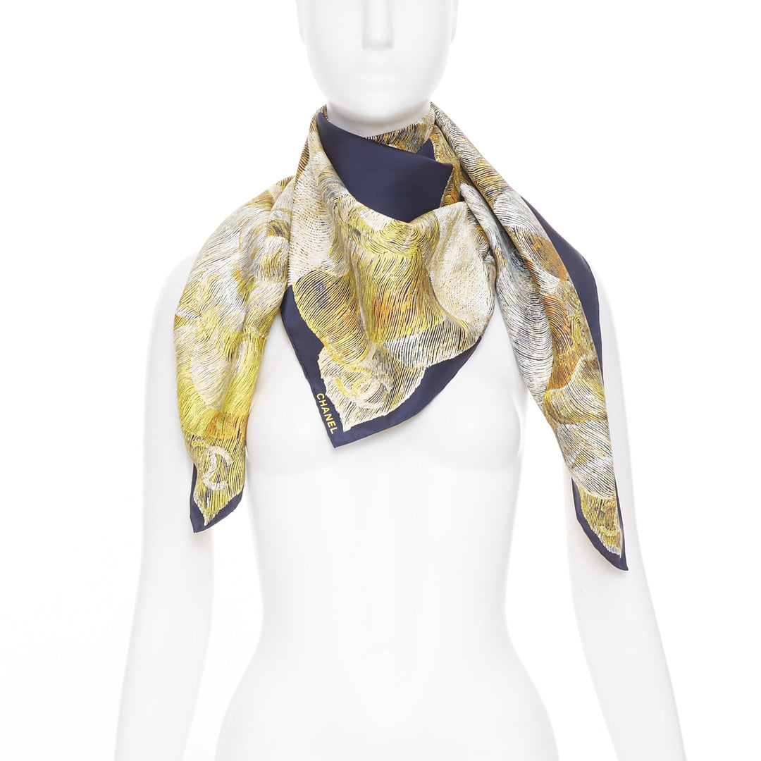 CHANEL navy gold graphic cc camellia logo print silk twill square scarf