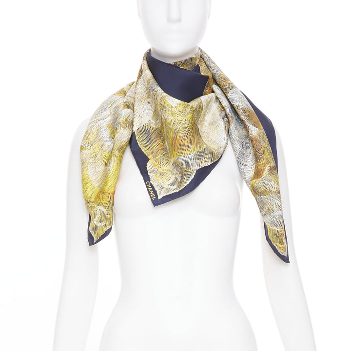 CHANEL navy gold graphic cc camellia logo print silk twill square scarf