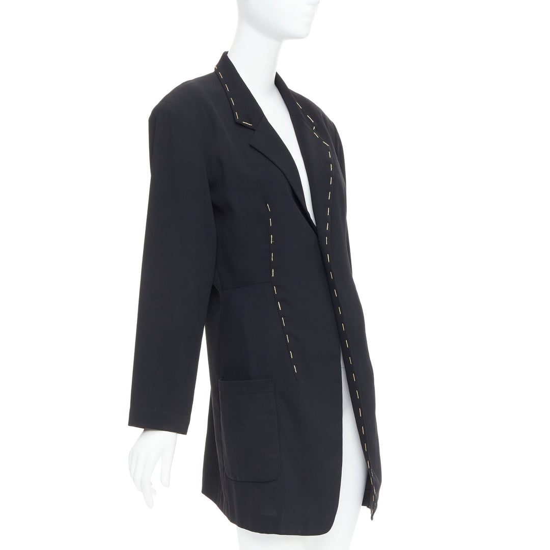 YOHJI YAMAMOTO black wool blend handstitched detail long blazer coat S