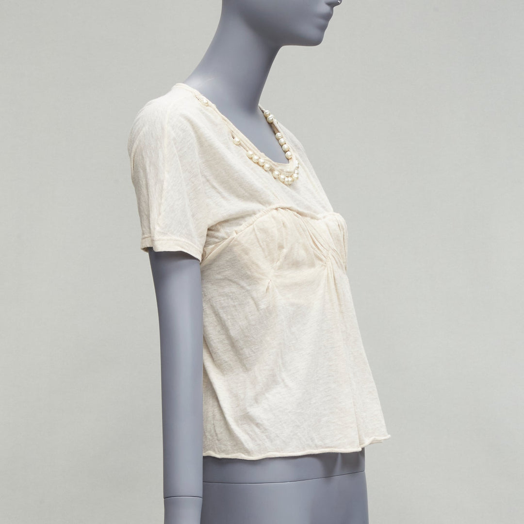 LOUIS VUITTON Marc Jacobs beige pearl necklace cupped bust tshirt FR38 M
