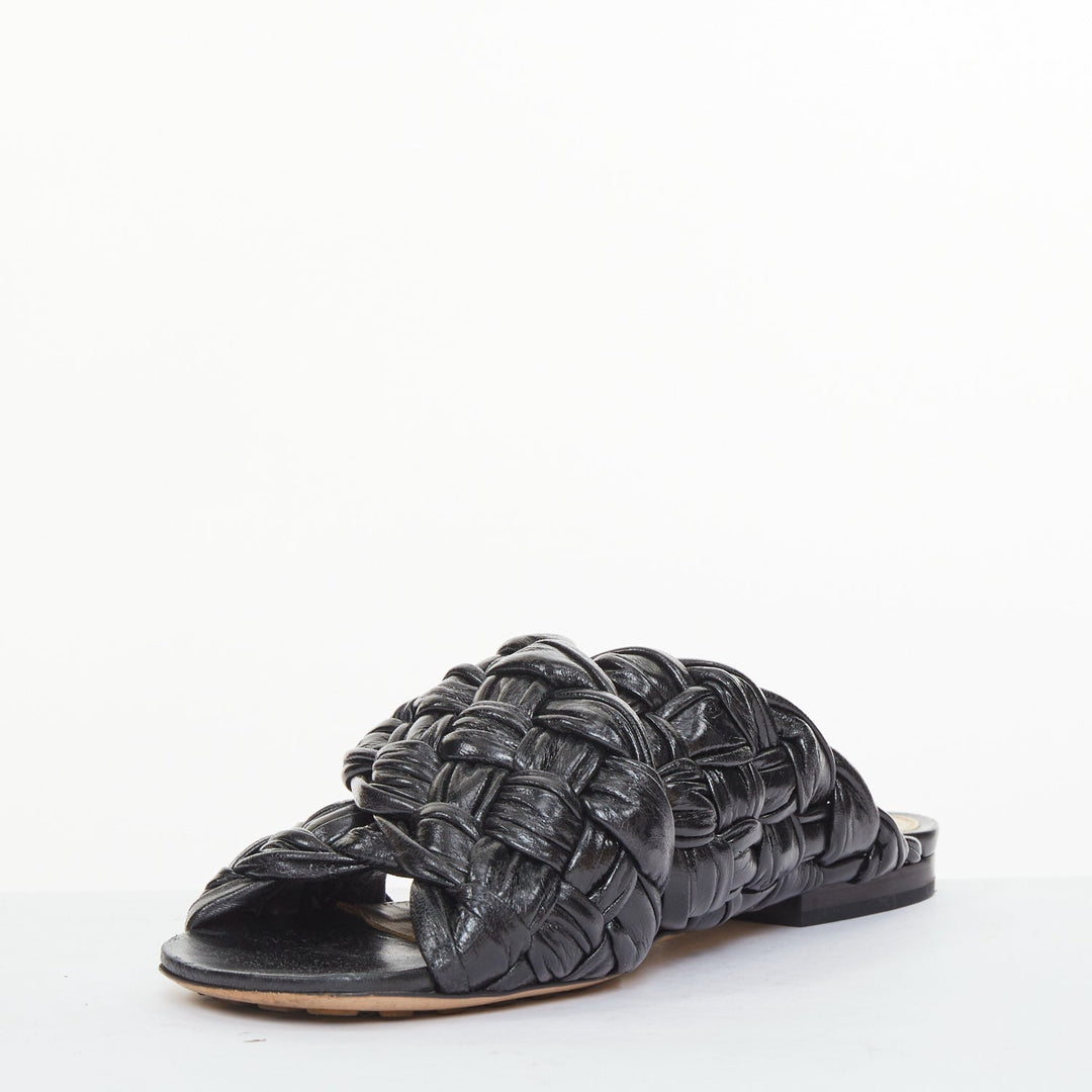 BOTTEGA VENETA The Board black woven leather crossover slide sandals EU37