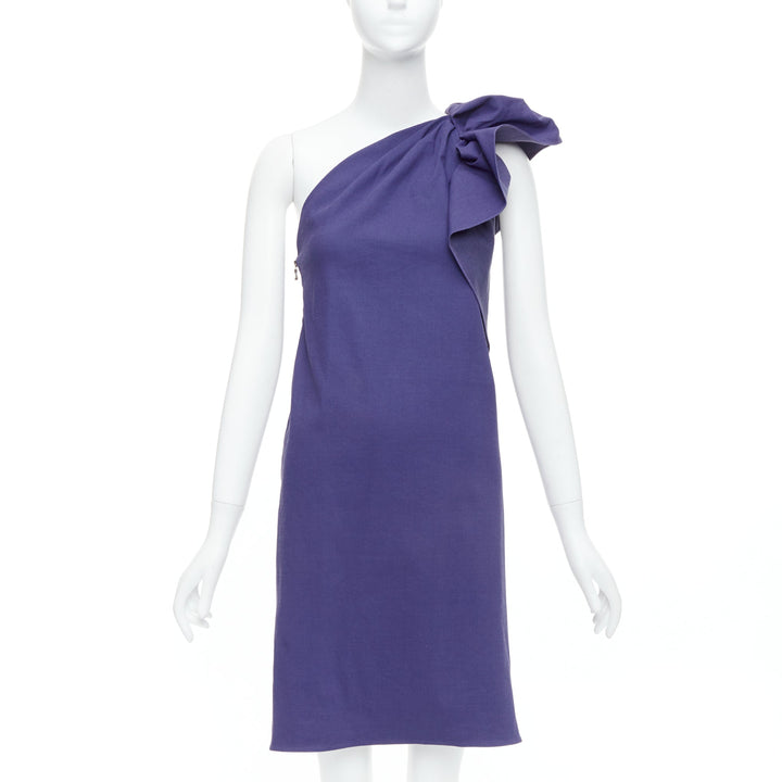 LANVIN 2015 deep purple linen one shoulder ruffle dress FR38 M