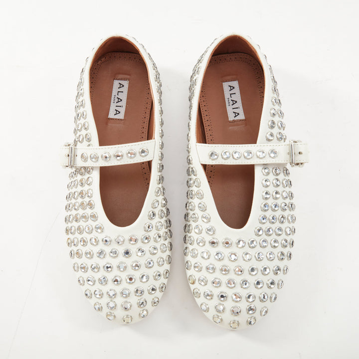 ALAIA 2023 Strass white lambskin crystal embellished mary jane ballet flats EU38