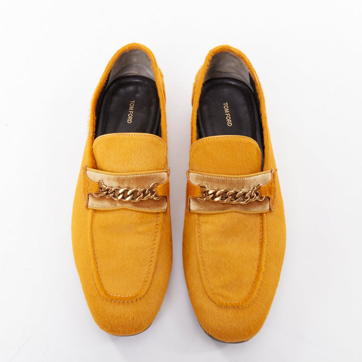 TOM FORD mustard yellow calf hair gold chain velvet moccasin loafers UK8 EU42