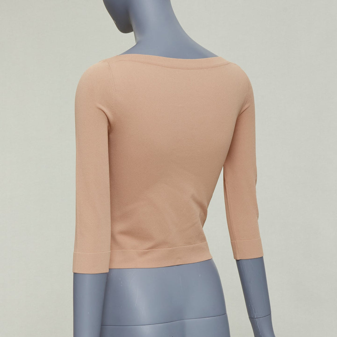 ALAIA tan nude viscose blend cropped sleeved bateau neck sweater FR36 S