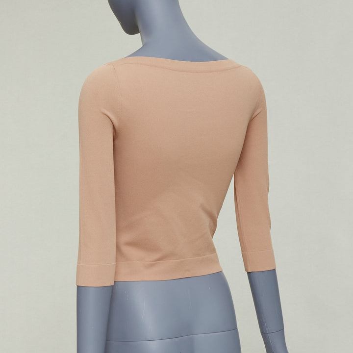 ALAIA tan nude viscose blend cropped sleeved bateau neck sweater FR36 S