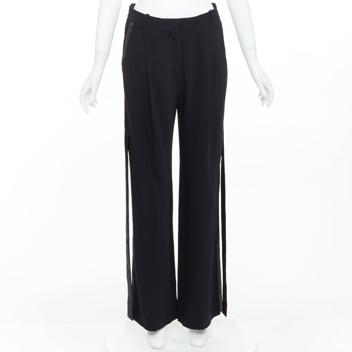 GIVENCHY black silk ribbon fringe trim wide leg trousers