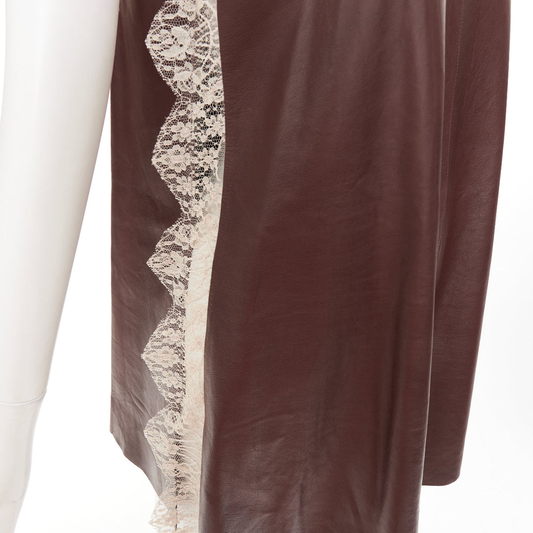 DIOR 2016 Raf Simons brown lambskin leather lace trim micro slip dress FR36 S