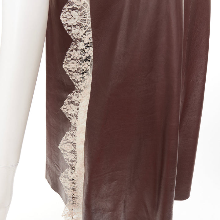 DIOR 2016 Raf Simons brown lambskin leather lace trim micro slip dress FR36 S