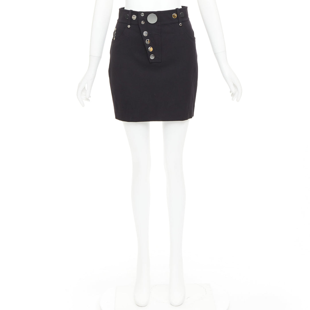 ALEXANDER WANG black virgin wool mirrored silver snap buttons skirt US2 S