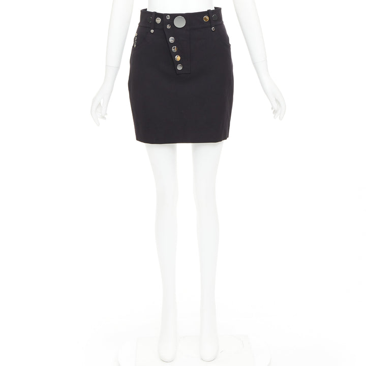 ALEXANDER WANG black virgin wool mirrored silver snap buttons skirt US2 S