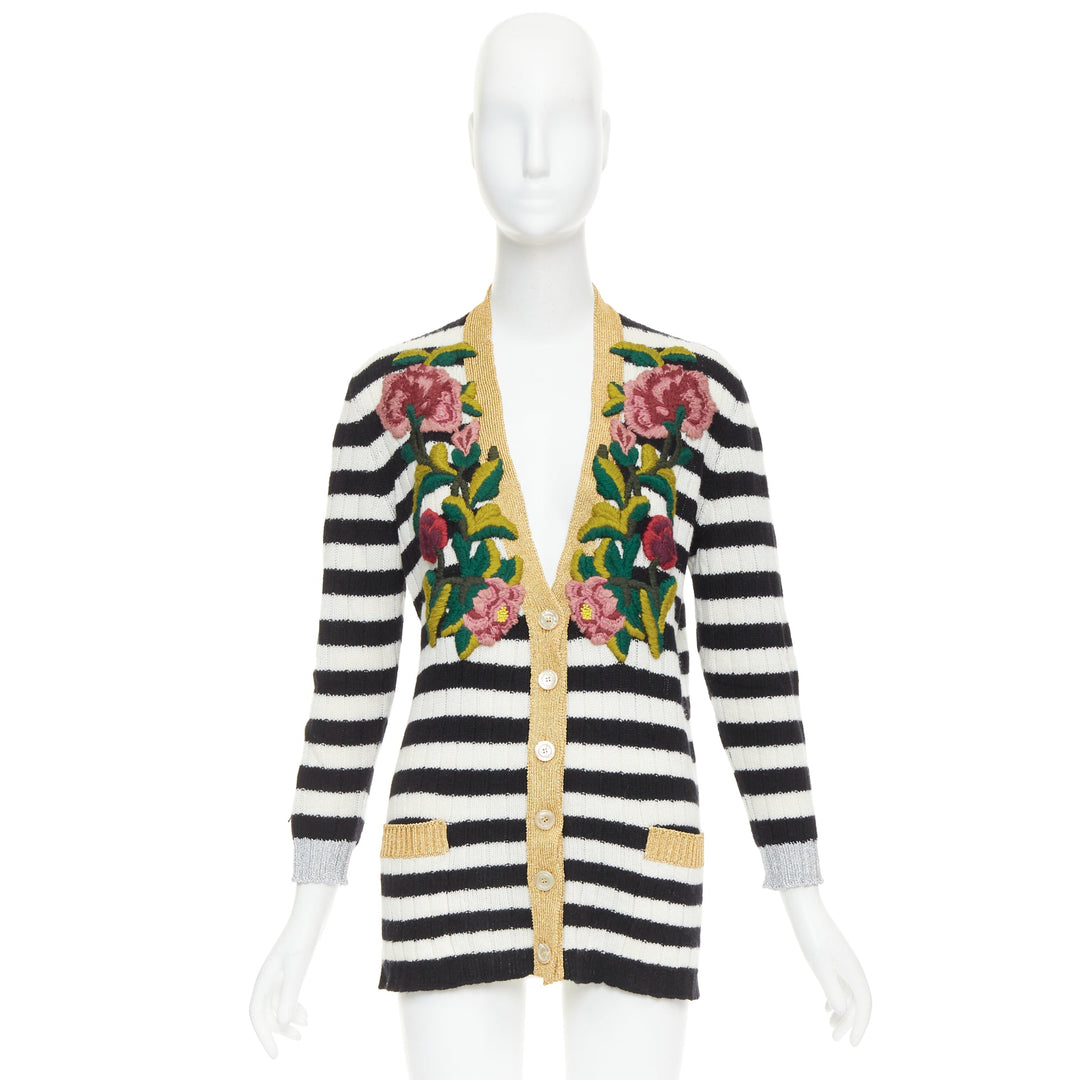 GUCCI Michele black white cashmere wool flower embroidered gold cardigan XXS