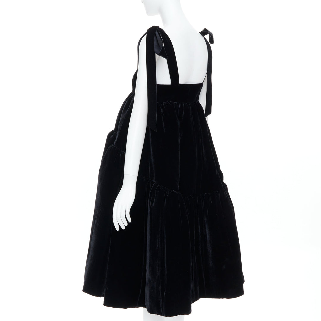CECILIE BAHNSEN 2018 Runway Bey black velvet tiered tie shoulder dress UK8 S