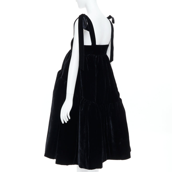 CECILIE BAHNSEN 2018 Runway Bey black velvet tiered tie shoulder dress UK8 S