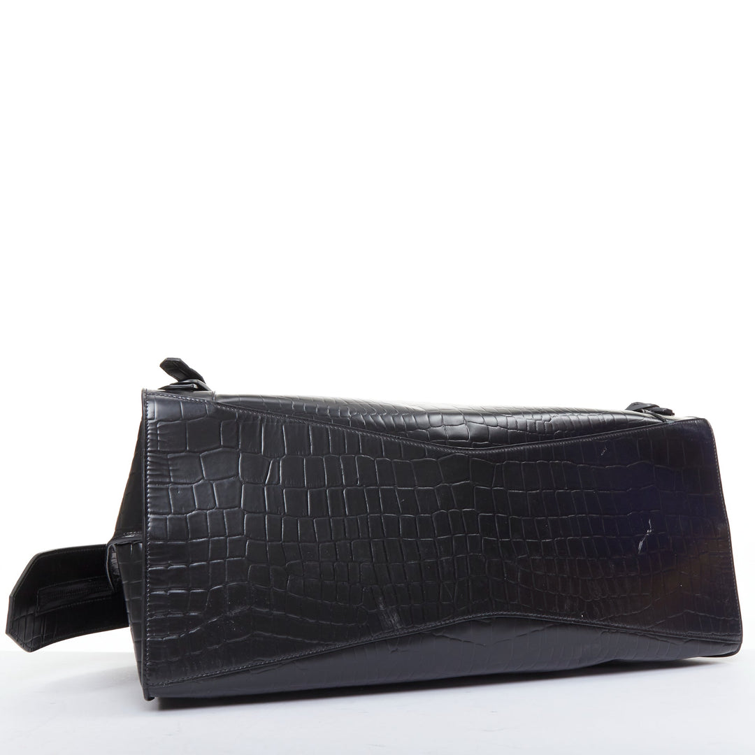 BALENCIAGA 2021 Neo Classic City black matte croc embossed leather satchel bag