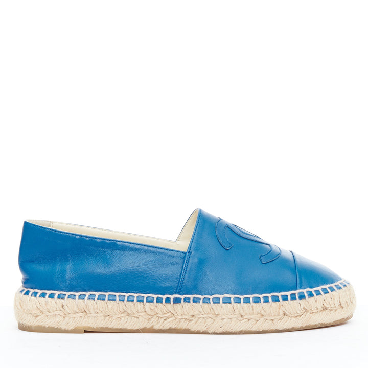 CHANEL blue leather CC logo jute espadrille shoes EU38