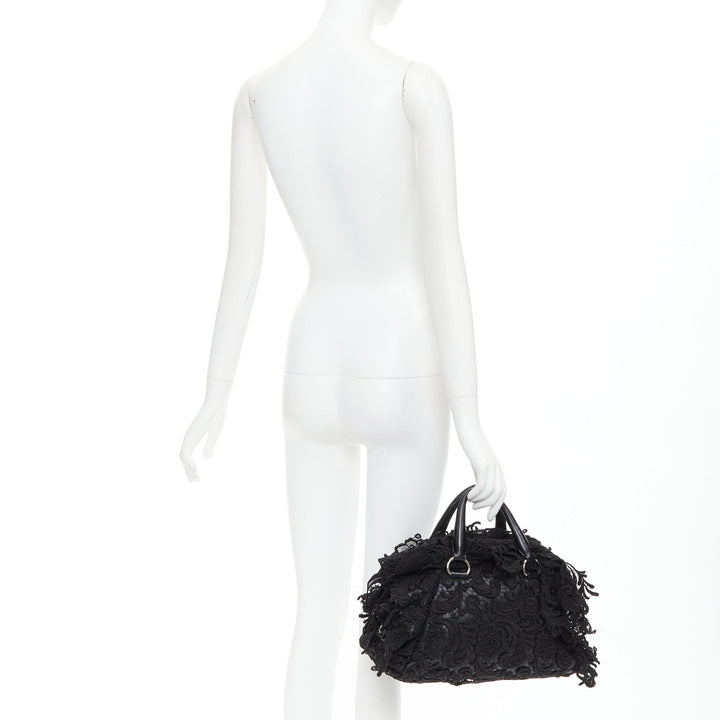 PRADA 2008 Lace Pizzo S Bowler black lace overlay leather silver zip bag