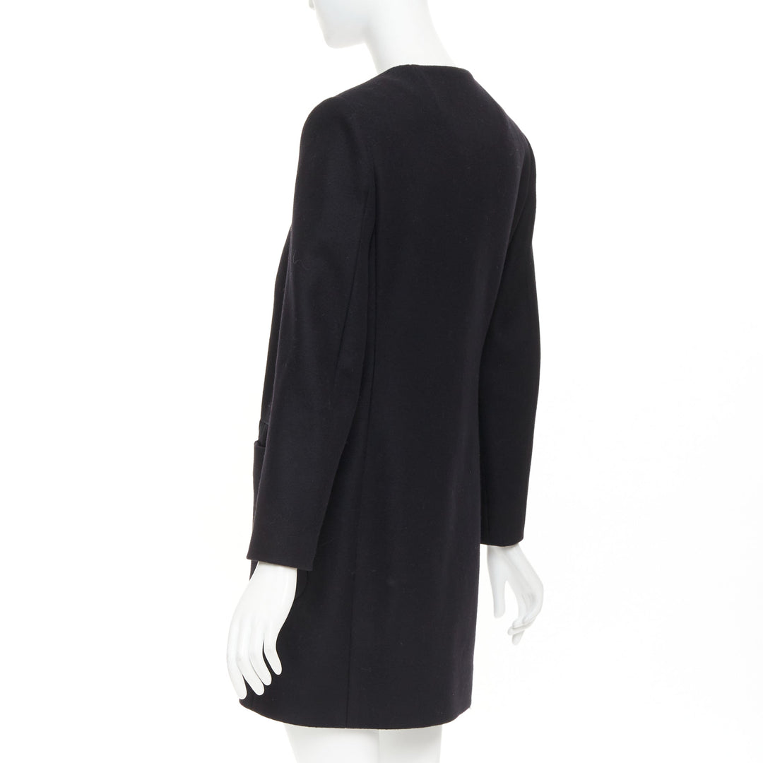 THE ROW black virgin wool blend collarless zip long coat US2 S