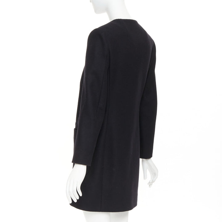 THE ROW black virgin wool blend collarless zip long coat US2 S