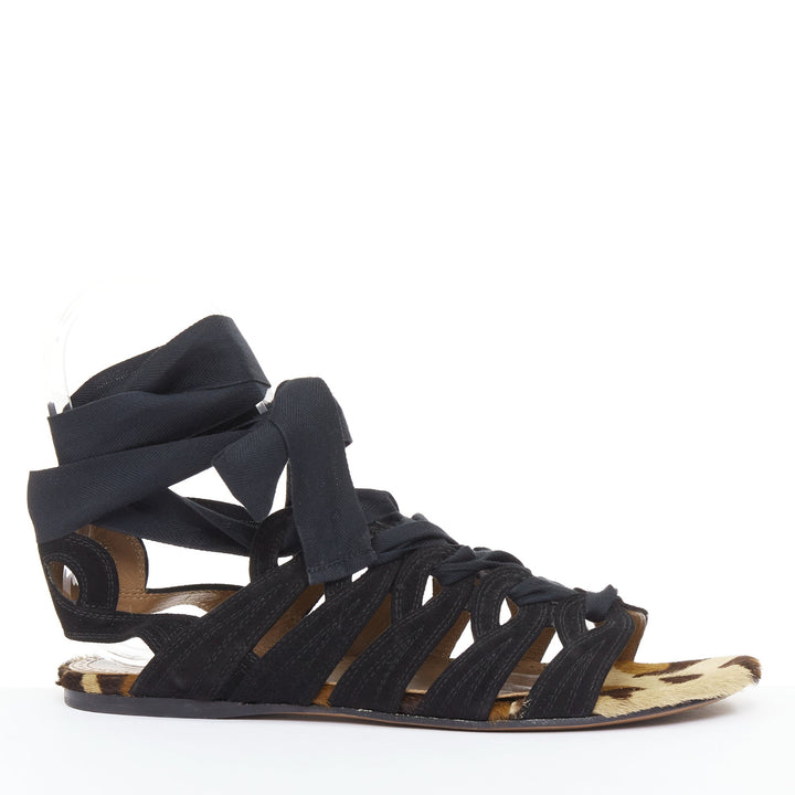 ALAIA black suede leopard pony hair wrap tie lace up gladiator sandals EU36.5