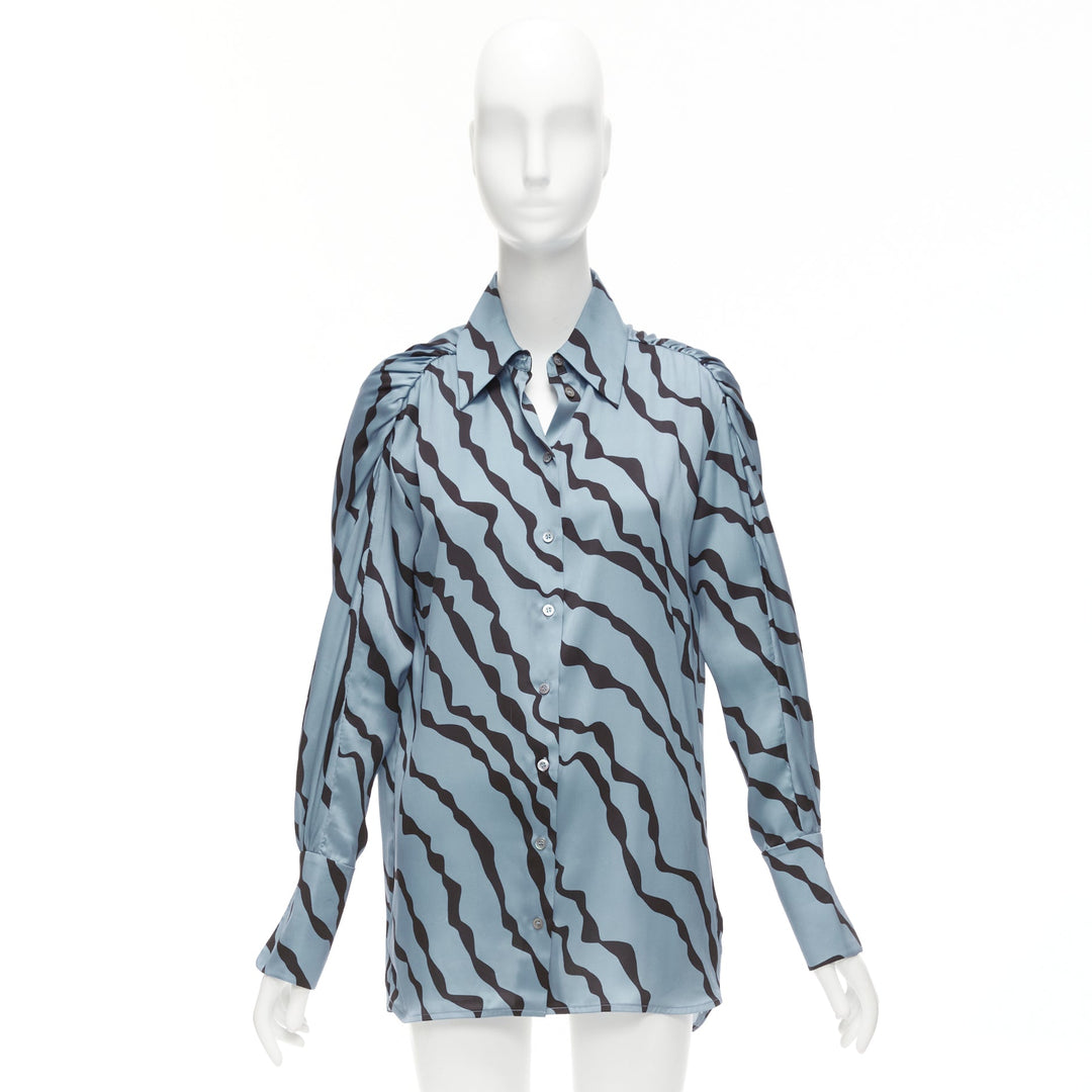 VVB VICTORIA BECKHAM blue black diagonal stripe asymmetric shoulder shirt UK10 M