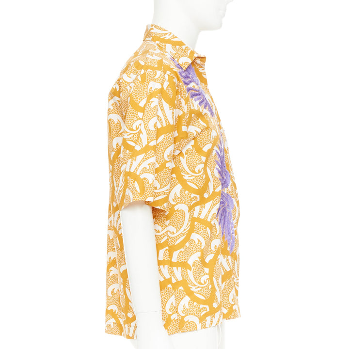 DRIES VAN NOTEN yellow lilac sequin embroidered short sleeve bowling shirt S