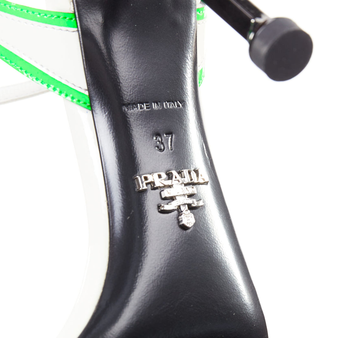 PRADA 2018 Hot Flame Acid Fire white green patent leather mid heel sandal EU37